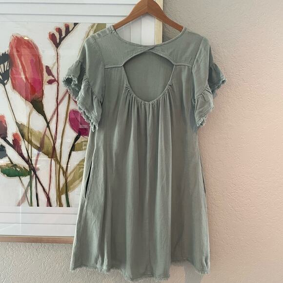 NEW Umgee Linen Becca Green Fringed Swing Mini Dress Babydoll Cut Out Summer - Picture 6 of 8